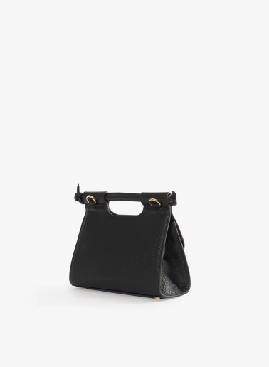 Black leather shoulder bag with integrated handle and shoulder strap