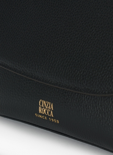 Black leather shoulder bag with integrated handle and shoulder strap