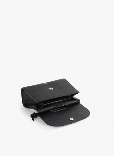 Black leather shoulder bag with integrated handle and shoulder strap