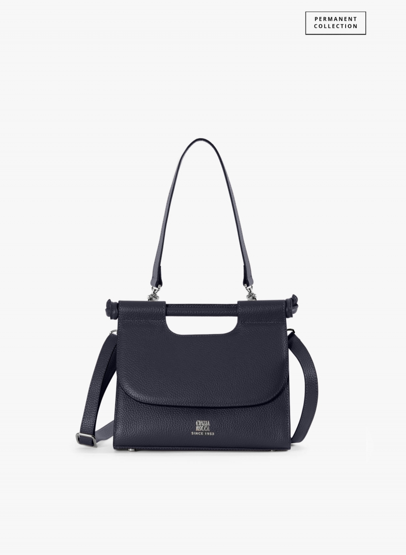 Blue leather shoulder bag with integrated handle and strap