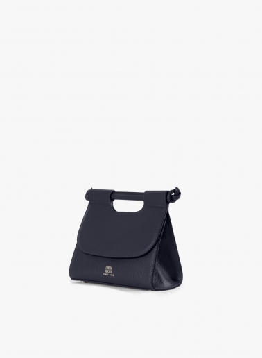 Blue leather shoulder bag with integrated handle and strap