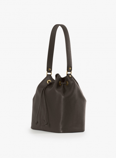 Brown genuine leather bucket bag with gusset and logo