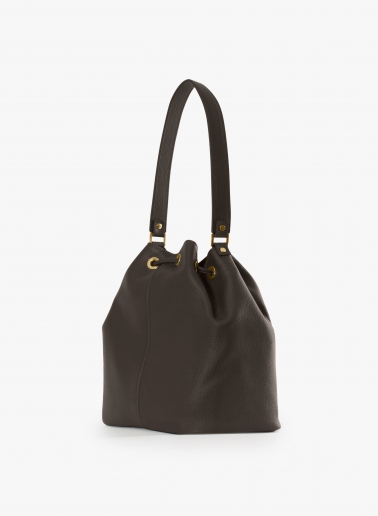 Brown genuine leather bucket bag with gusset and logo