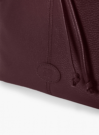 Burgundy genuine leather bucket bag with gusset and logo