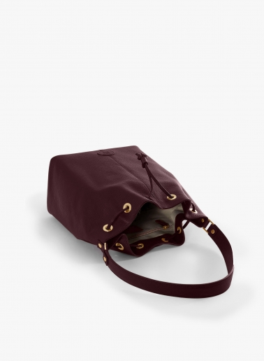 Burgundy genuine leather bucket bag with gusset and logo