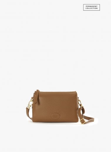 Tobacco color genuine leather crossbody bag with three compartments | 