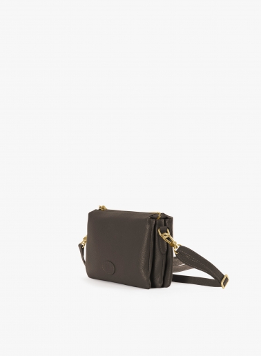 Brown genuine leather crossbody bag with three compartments