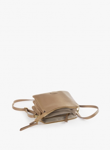 Light camel genuine leather crossbody bag with three compartments