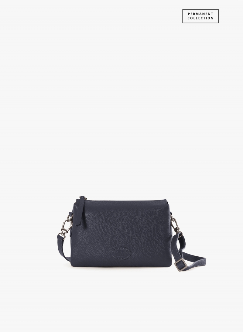 Blue genuine leather crossbody bag with three compartments