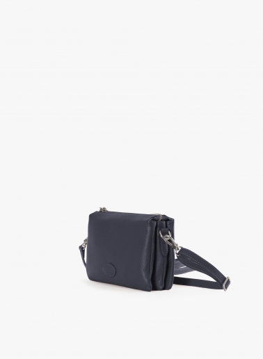Blue genuine leather crossbody bag with three compartments