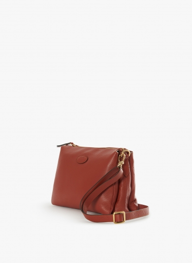 Terracotta colour genuine leather crossbody big bag with three compartments