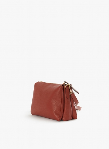 Terracotta colour genuine leather crossbody big bag with three compartments