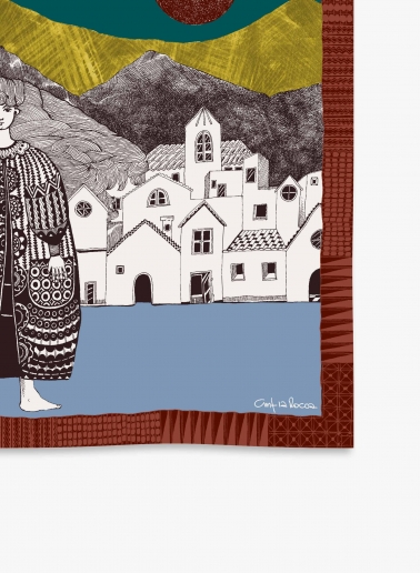 Small yellow twill silk scarf with woman and a landscape