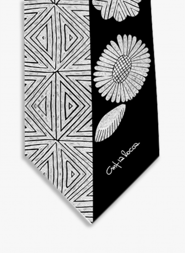 Black twill silk headband with geometric pattern and leaves