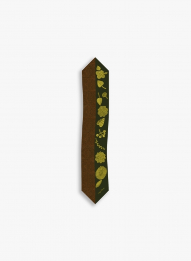 Green twill silk headband with geometric pattern and leaves