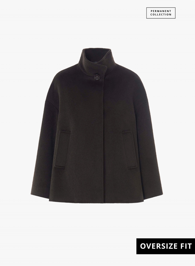 Short flared brown wool coat with high collar