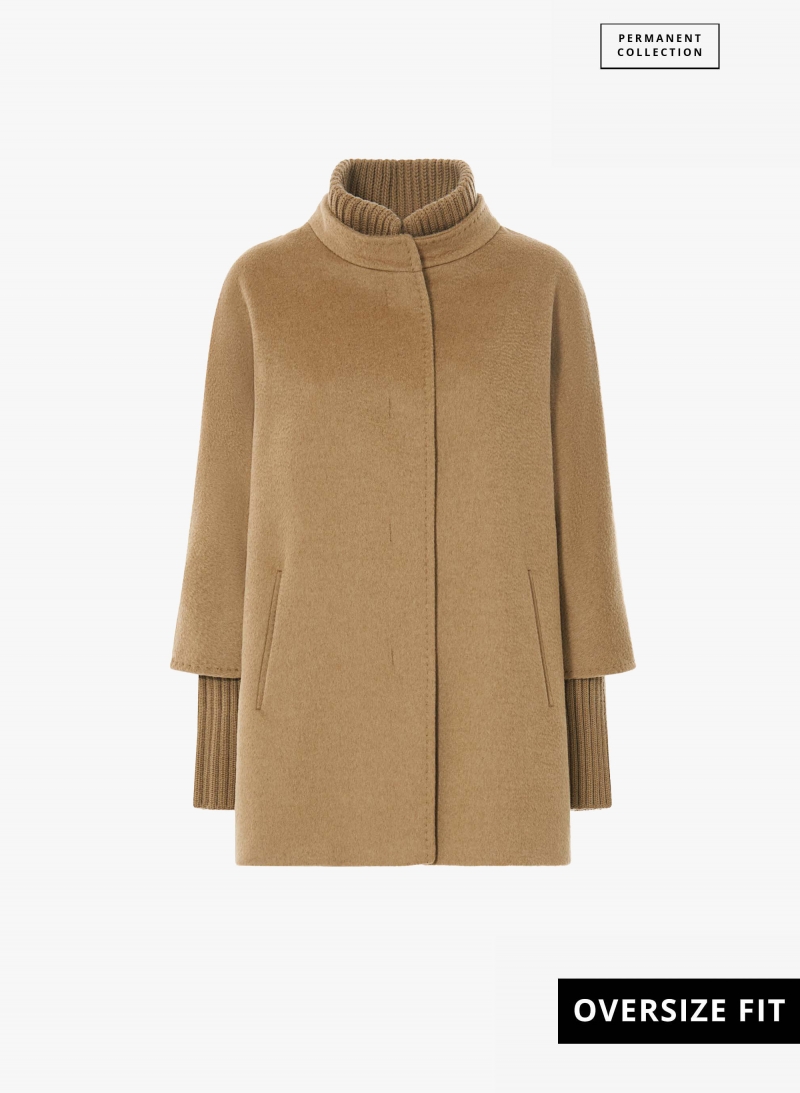 Short camel oversized camel wool coat with knitted details