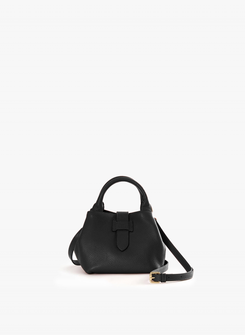 Black genuine leather mini handbag with strap