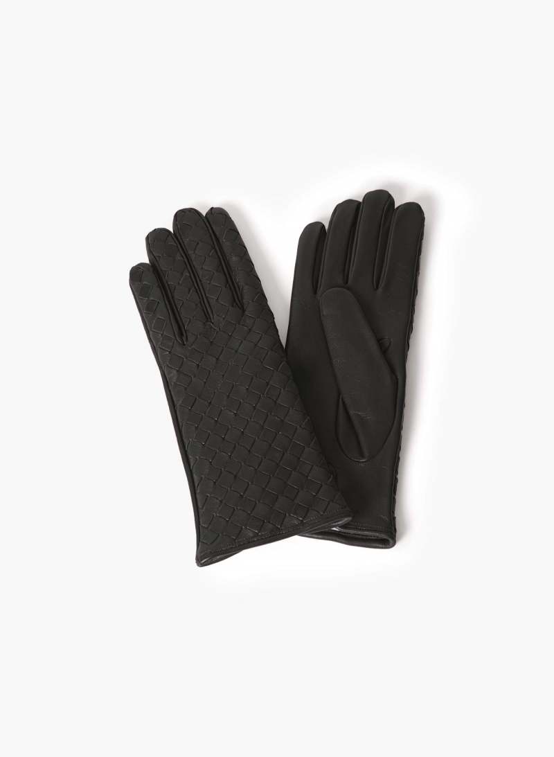 Black nappa leather gloves with woven design