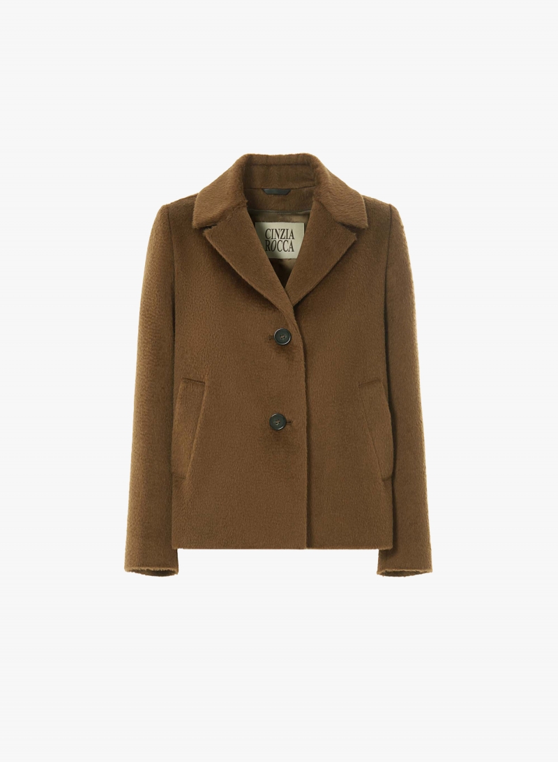 Tobacco colour wool and alpaca short coat with notch collar