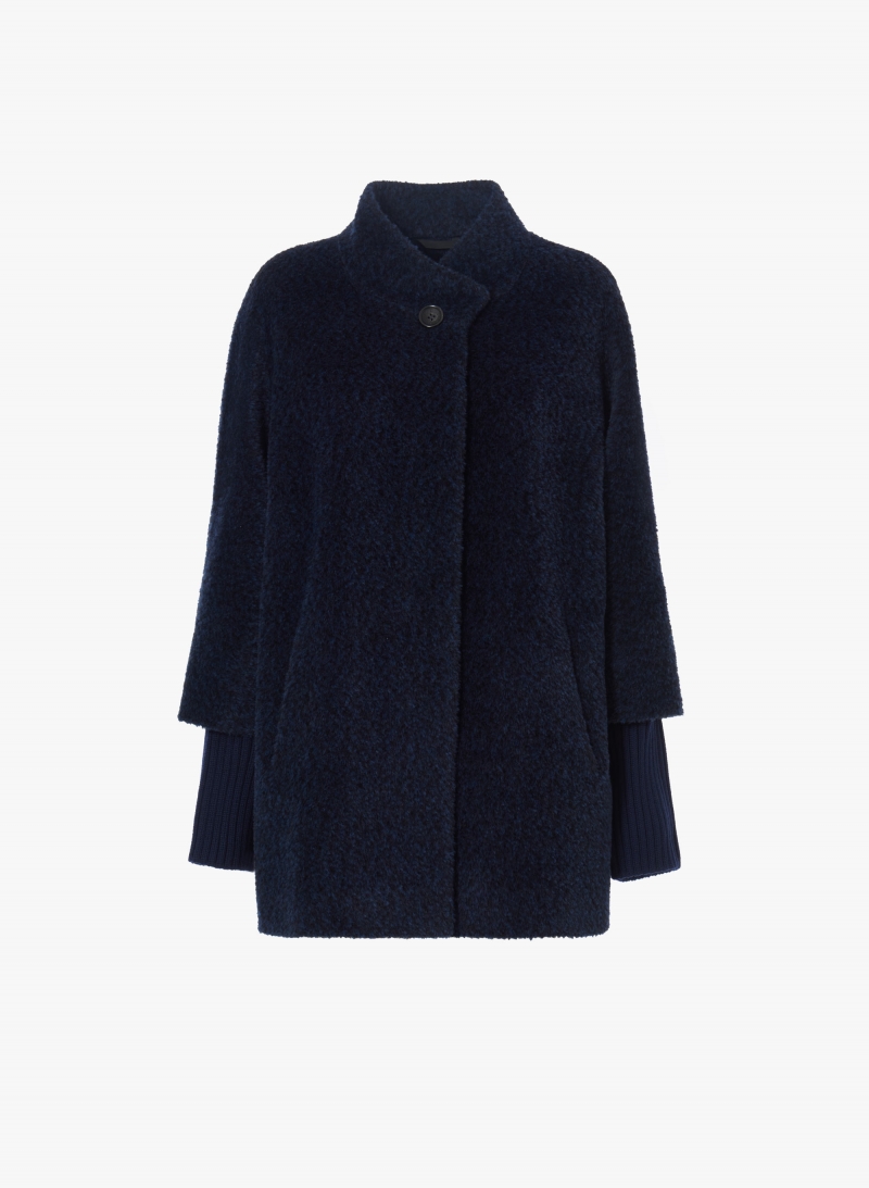 Blue wool and alpaca short coat with knitted cuffs