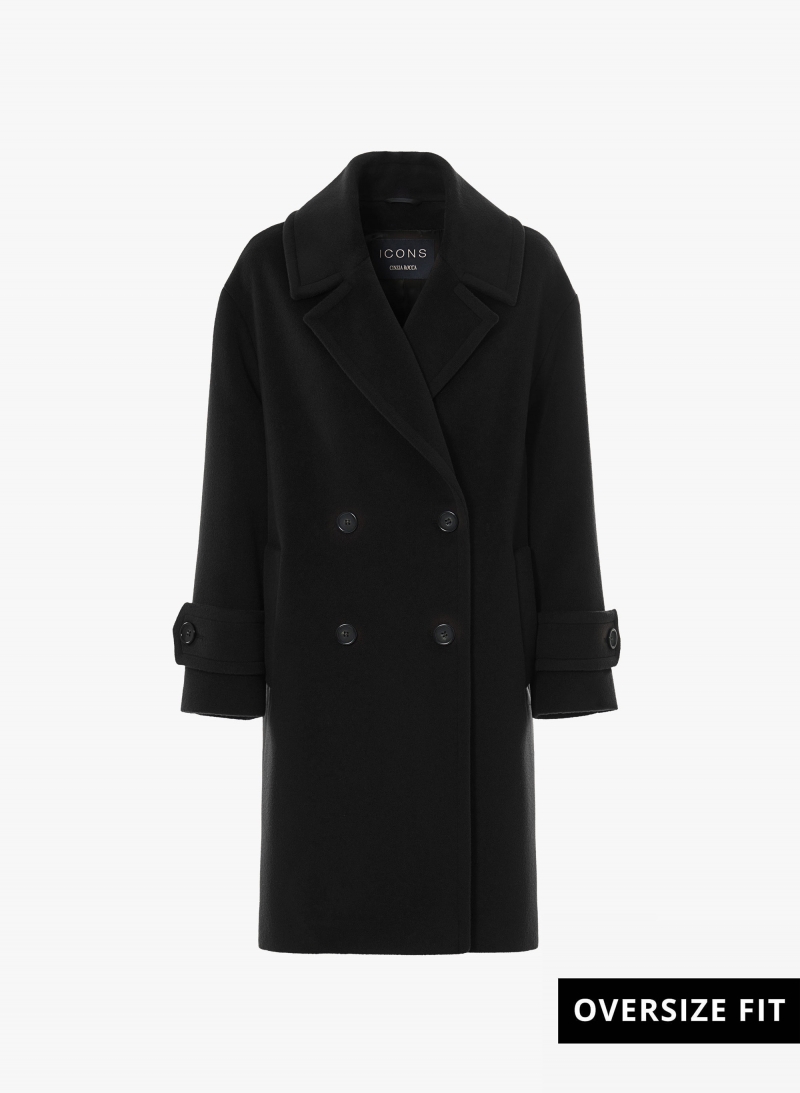 Black double breasted pure wool coat with maxi notch collar