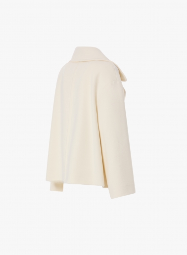 Short oversized white coat in pure wool with maxi notch collar
