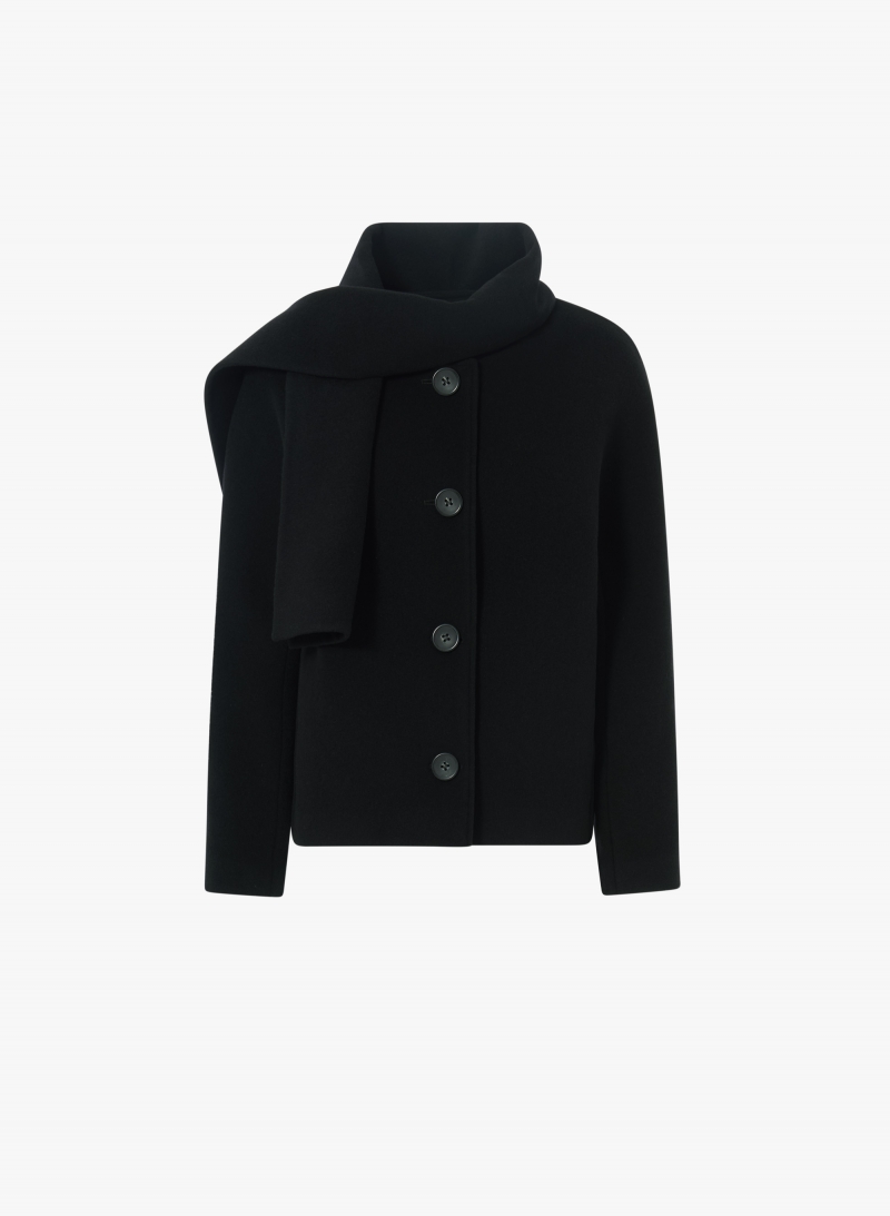 Black wool short coat with detachable scarf