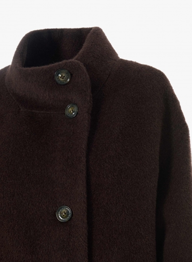 Brown alpaca and wool coat with high asymmetrical collar