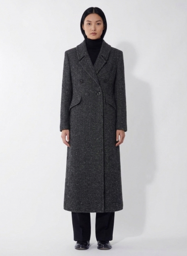 Maxi double breasted black frock coat with lurex micro pattern
