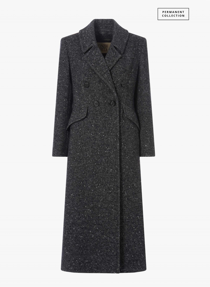 Maxi double breasted black frock coat with lurex micro pattern