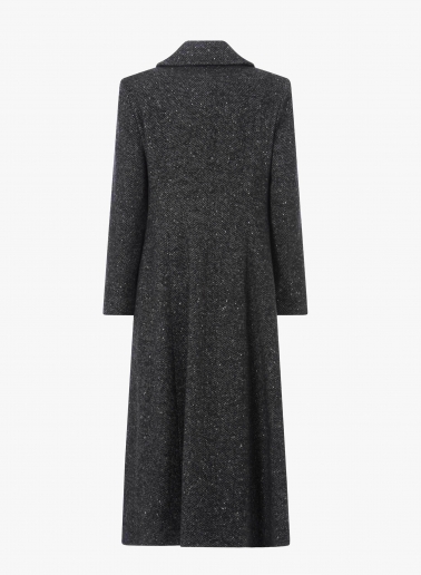 Maxi double breasted black frock coat with lurex micro pattern