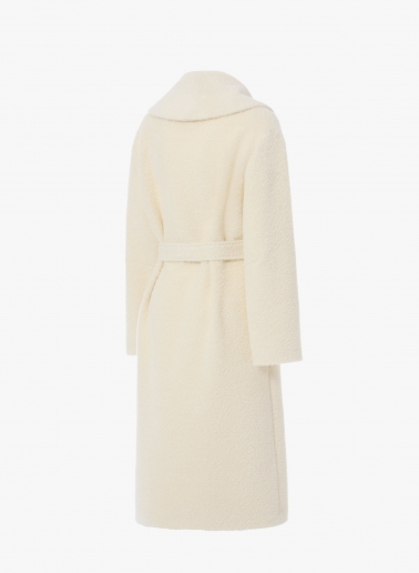 Maxi white alpaca and wool coat with belt and shawl collar