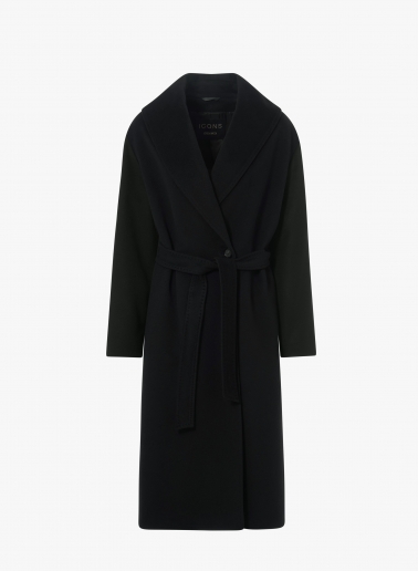 Maxi black pure cashmere coat with belt and shawl collar