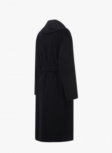Maxi black pure cashmere coat with belt and shawl collar