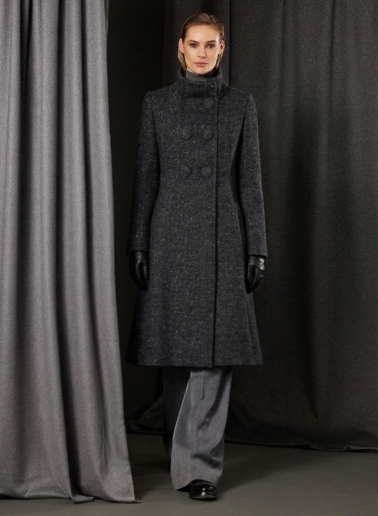 Long black frock coat with lurex micro pattern and high drape collar