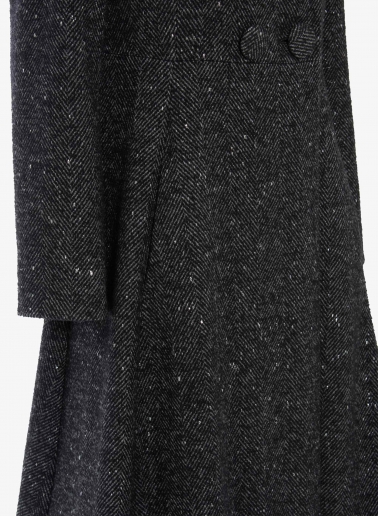 Long black frock coat with lurex micro pattern and high drape collar
