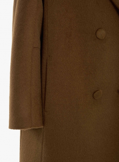 Long double breasted tobacco colour coat in alpaca and wool