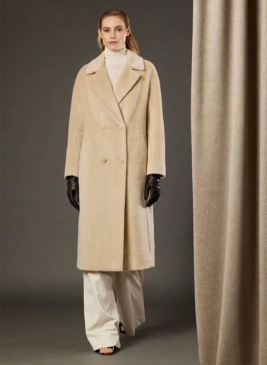 Long double breasted light camel coat in alpaca and wool
