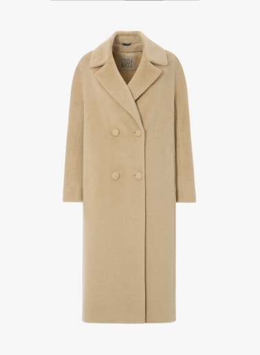 Long double breasted light camel coat in alpaca and wool