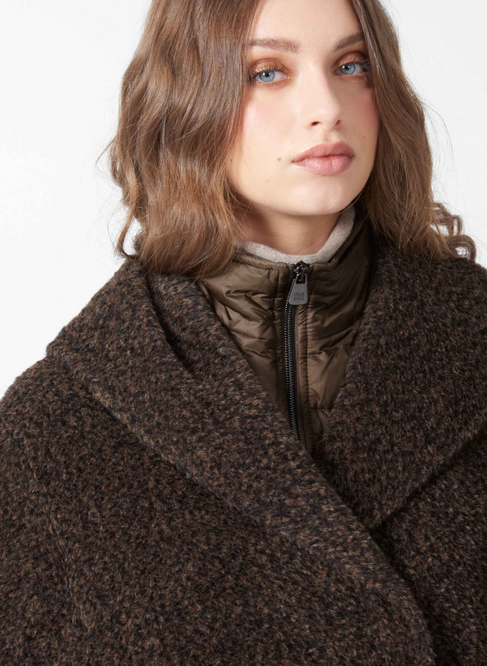 Wool and Suri alpaca blend brown media sporty coat with hood - Cinzia