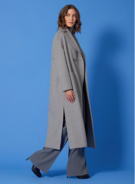Long double breasted belted coat in  wool