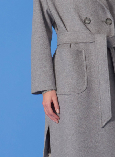 Long double breasted belted coat in  wool