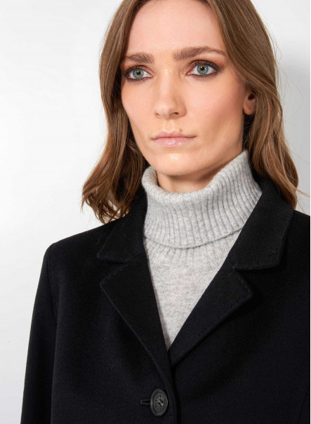 Inverted notch collar black wool coat