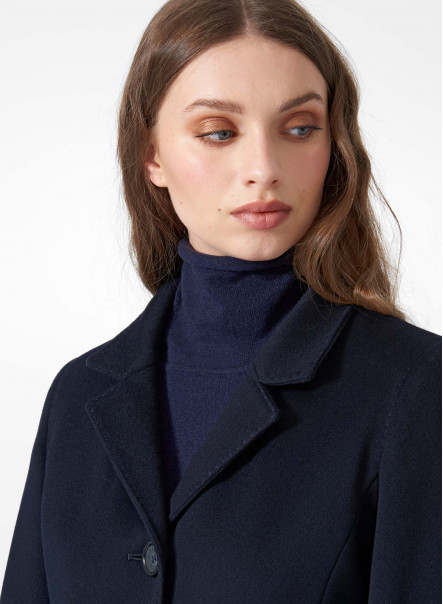 Inverted notch collar blue wool coat