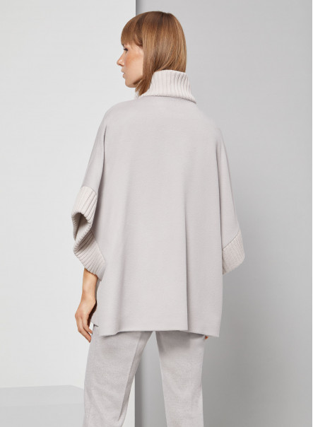 Pearl grey wool cape with knit inserts