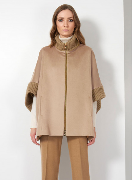 Light camel wool cape with knit inserts