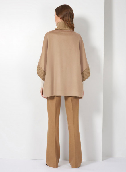 Light camel wool cape with knit inserts