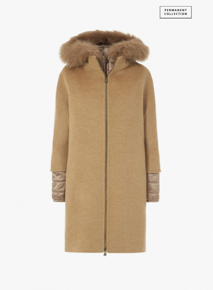 Light camel wool hooded parka with nylon details