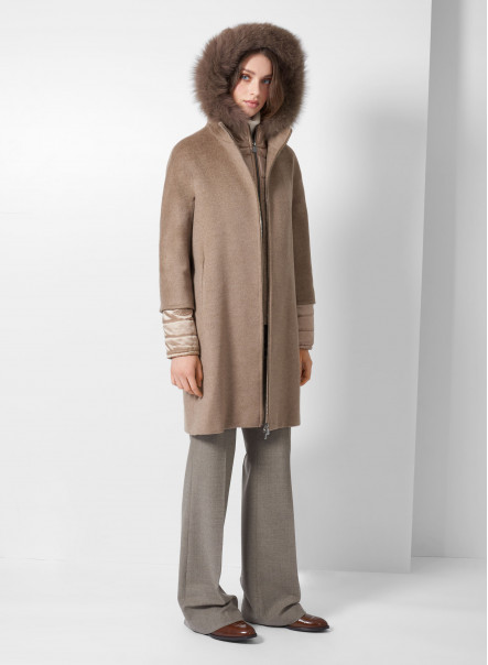 Light camel wool hooded parka with nylon details